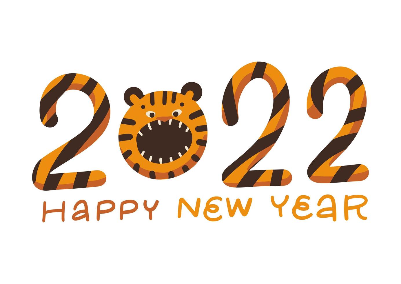 Funny tiger cub symbol of the 2022 year. Lettering conposition with digits and animal head. Flat vector illustration isolated on white background.