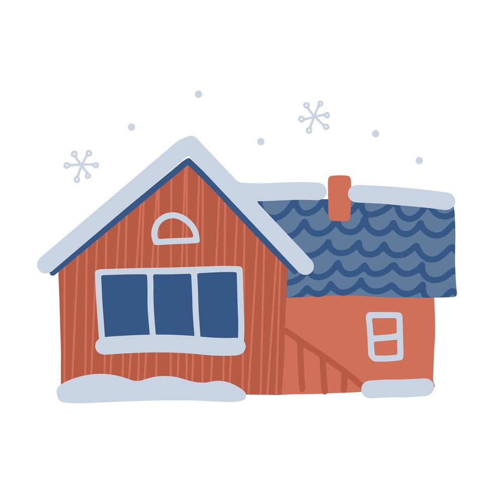 casa de invierno linda casa en la nieve, cabaña o casa adosada con techo nevado. elemento aislado a mano alzada. ilustración dibujada a mano plana vectorial. solo 5 colores - fácil de volver a colorear. vector