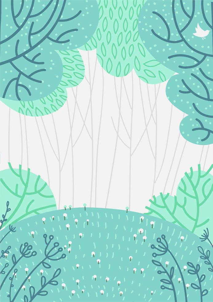 doolde fondo de bosque profundo, paisaje natural con árboles de hoja caduca, hierba verde, flores, arbustos. vista del paisaje, ilustración vectorial dibujada a mano plana de madera de verano o primavera vector