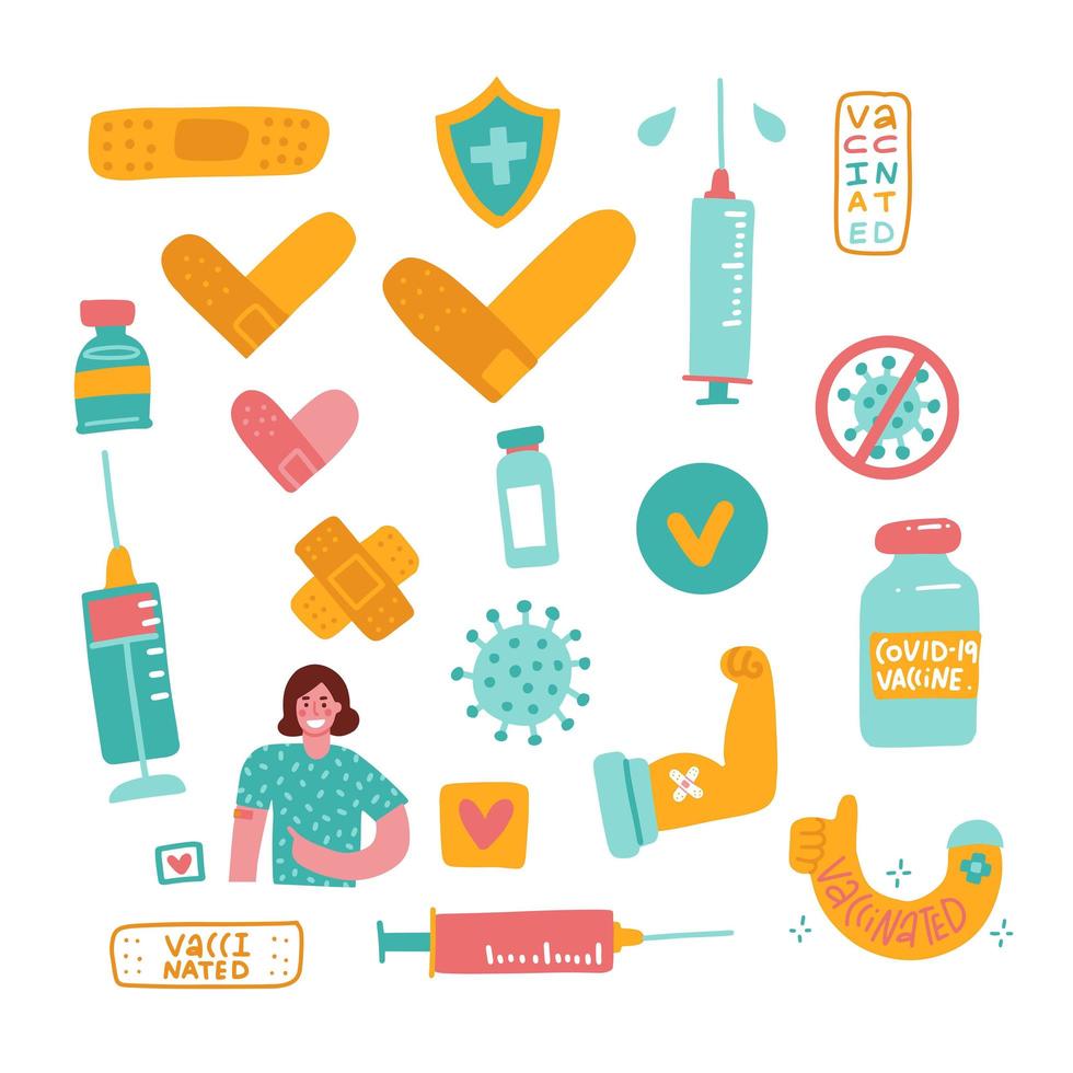 Vaccination elements set. Healthcare attention medicine prevention symbols - syringe, viel, patch, vaccinated shoulder, character, shield. Vaccination concept. Flat hand drawn vector illustration.