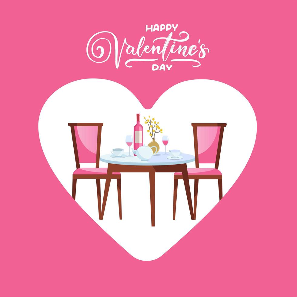 Happy valentines day restaurant table with heart. Flat vector illustration design with hand lettering for invitation cards