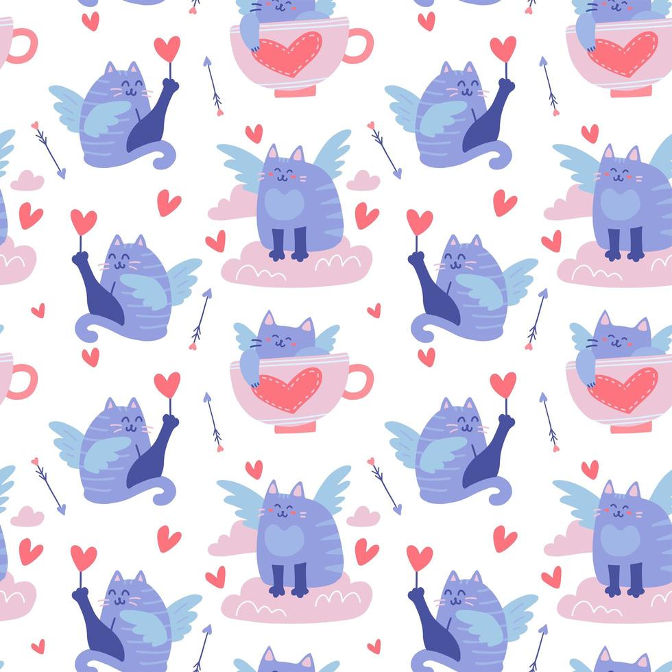 Seamless pattern with funny winged cats, feline cupids in clouds, hearts. Creative background on Valentine s day greetinc card. Flat vector illustration.