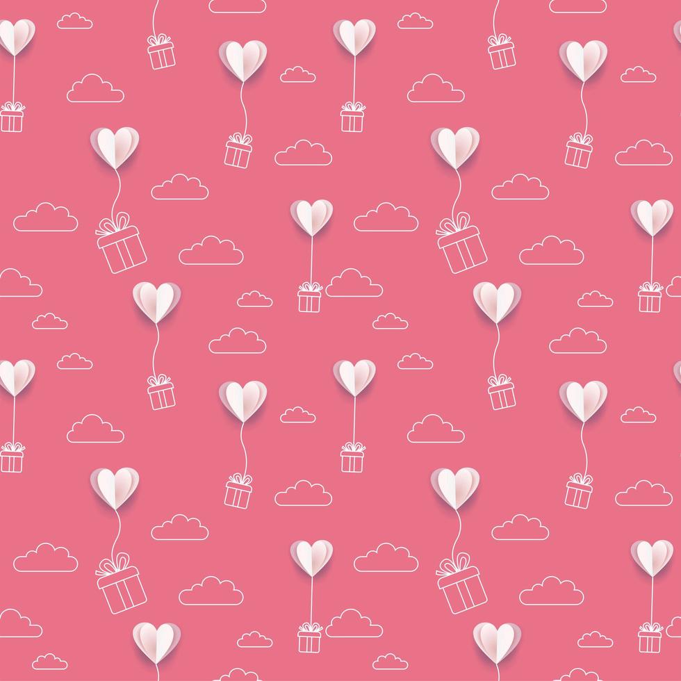 Valentines paper put hearts balloons with line art gift boxes and clouds background. Seamless patern for Happy Mother s or Valentine s Day greeting card design. Vector 3d and flat illustration