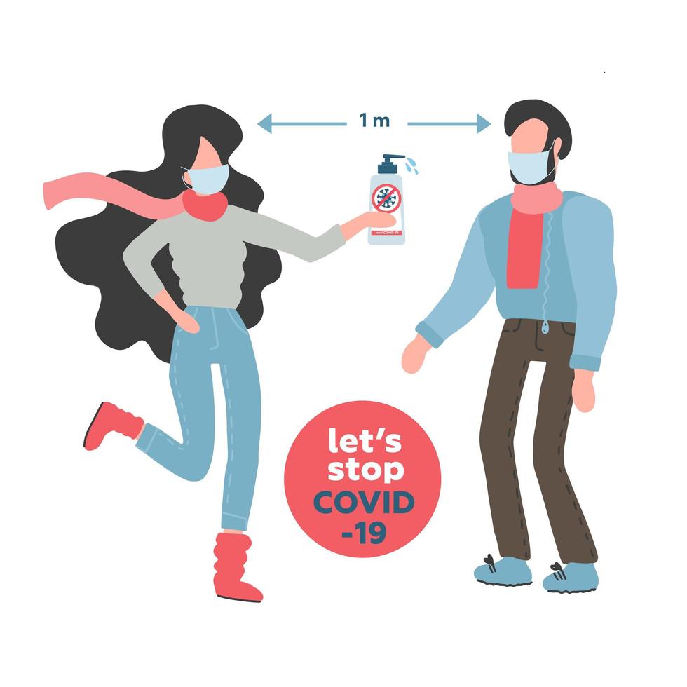 Protección antivirus 2019-ncov covid-19. alerta de coronovirus. hombre y mujer a una distancia de 1 metro con una botella de desinfectante en las manos. concepto de prevención. ilustración de vector plano aislado en estilo de dibujos animados