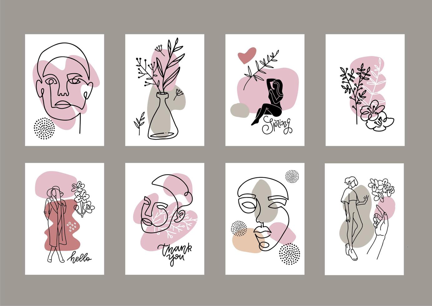 Set of fashion a4 posters. Female face drawn in one line. Silhouettes of women. Beauty concept. Templates for magazines, banners, flyers. Minimalistic graphics. Continuous line with abstract shapes. vector