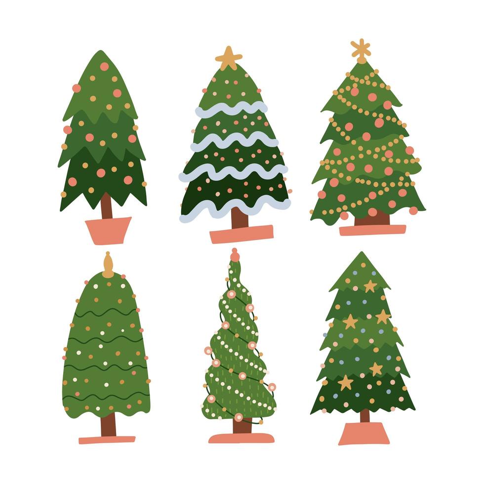 conjunto de árboles de navidad de dibujos animados, pinos para tarjetas de felicitación, invitación, pancarta. árbol de símbolo tradicional de año nuevo y navidad con guirnaldas, bombilla, estrella. colección de vacaciones de invierno. Imágenes de vectores planos