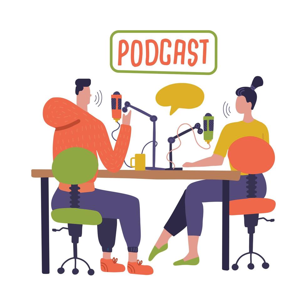 People recording podcast in studio. Radio host interviewing guests on radio station cartoon characters. Young DJ, man and woman with microphones talking. Broadcasting. Flat vector illustration