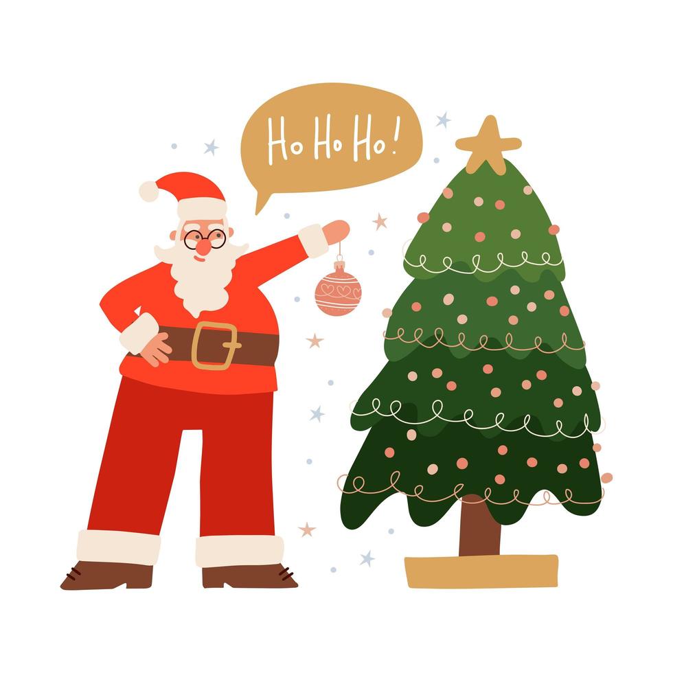 Happy Santa Claus is decorating the Christmas tree. Festive character hanging xmas toy. Flat vector illustration Isolated on a white background. Greeting card with Lettering hohoho