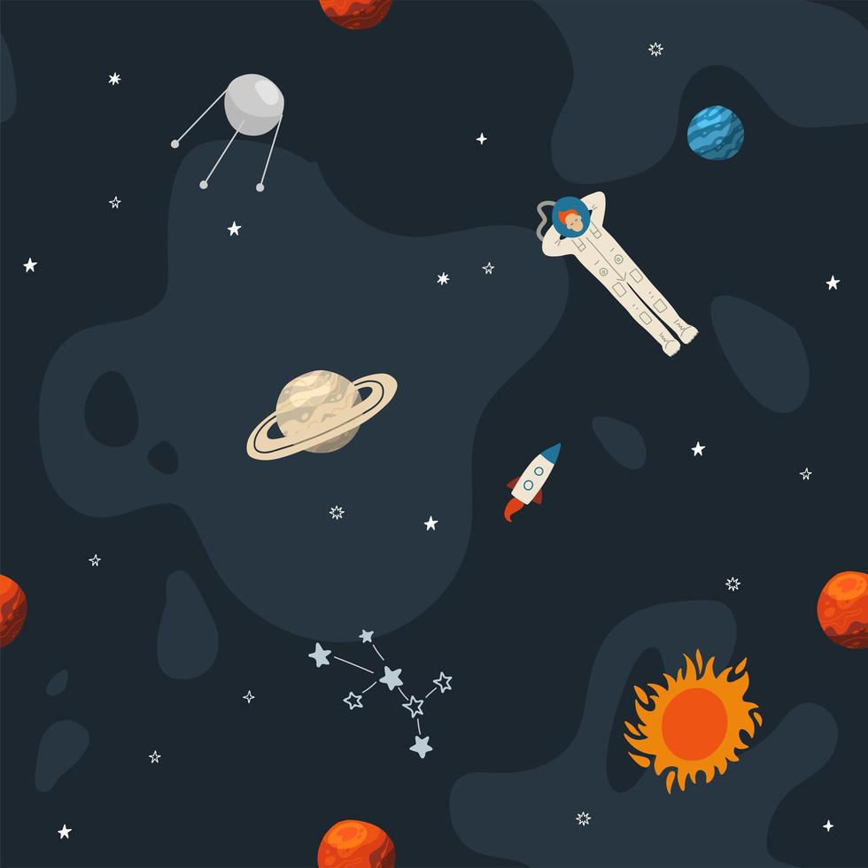 Seamless cute space seamless pattern with lonely astronaut between planets and rockets. Empty space. Flat vector illustration.