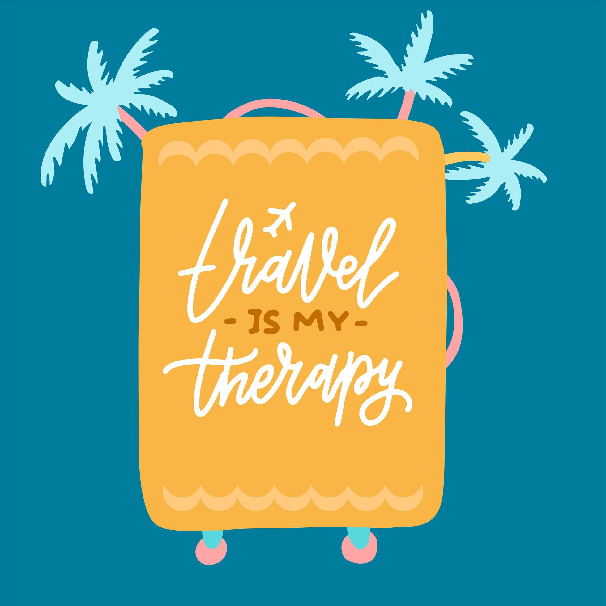 Travel bag with lettreing text - travel is my therapy. Flat vector