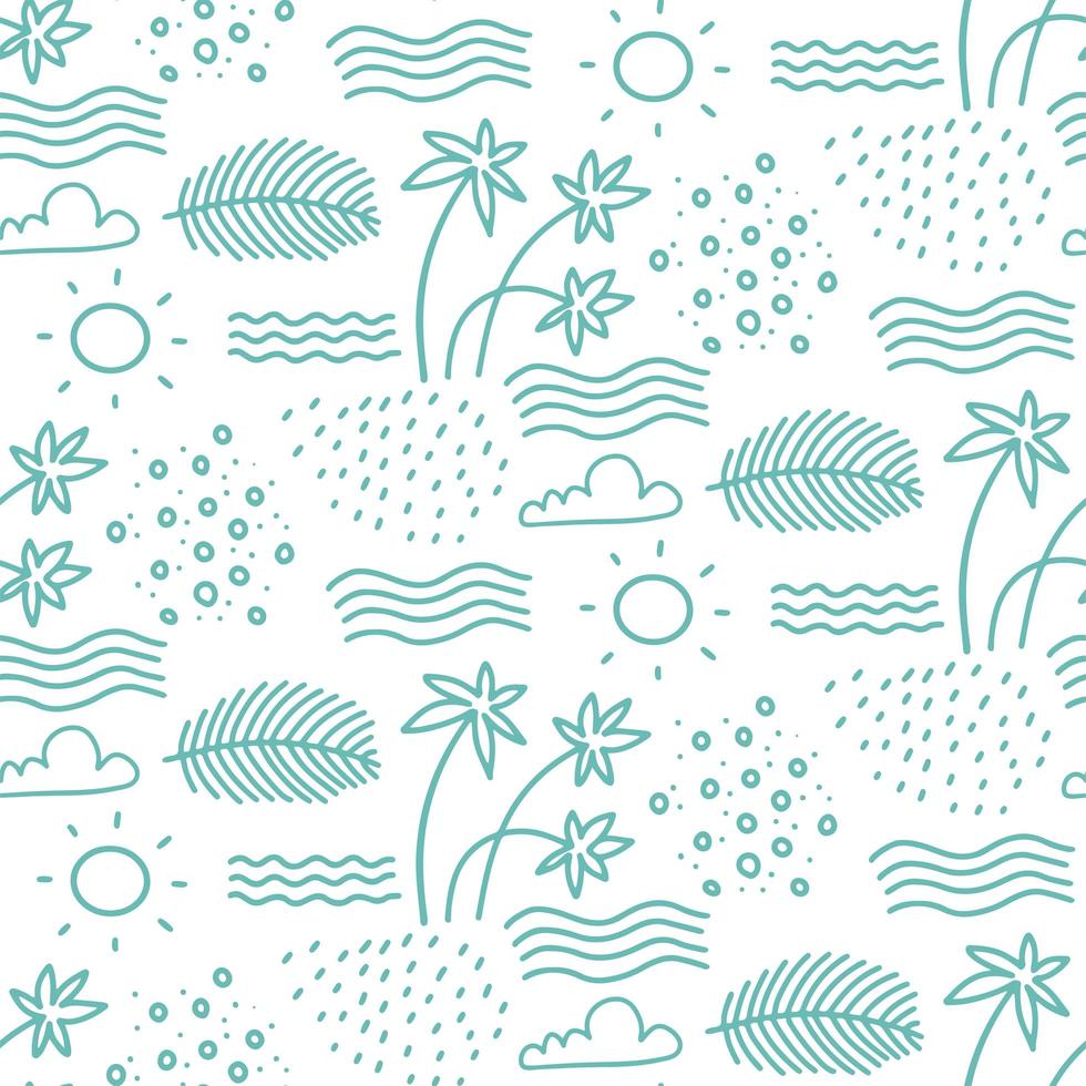 Linear monochrome seamless summer pattern for Wrapping paper. Cute doodle summer pattern with palm tree and waves. Vector illustration and element for your design.