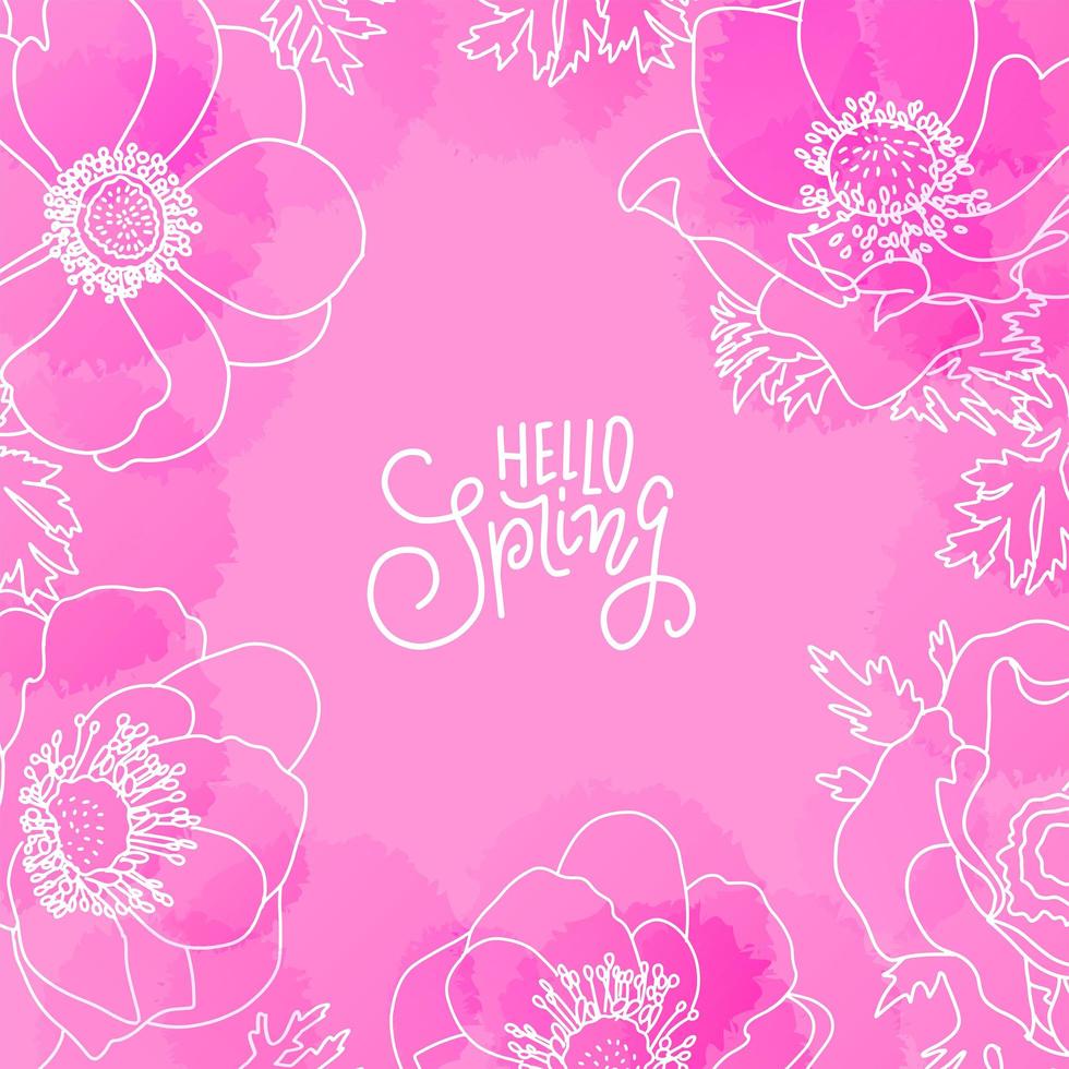 Background with watercolor imitation and abstract flowers, florals. Hello spring lettering message. Pink colored vector