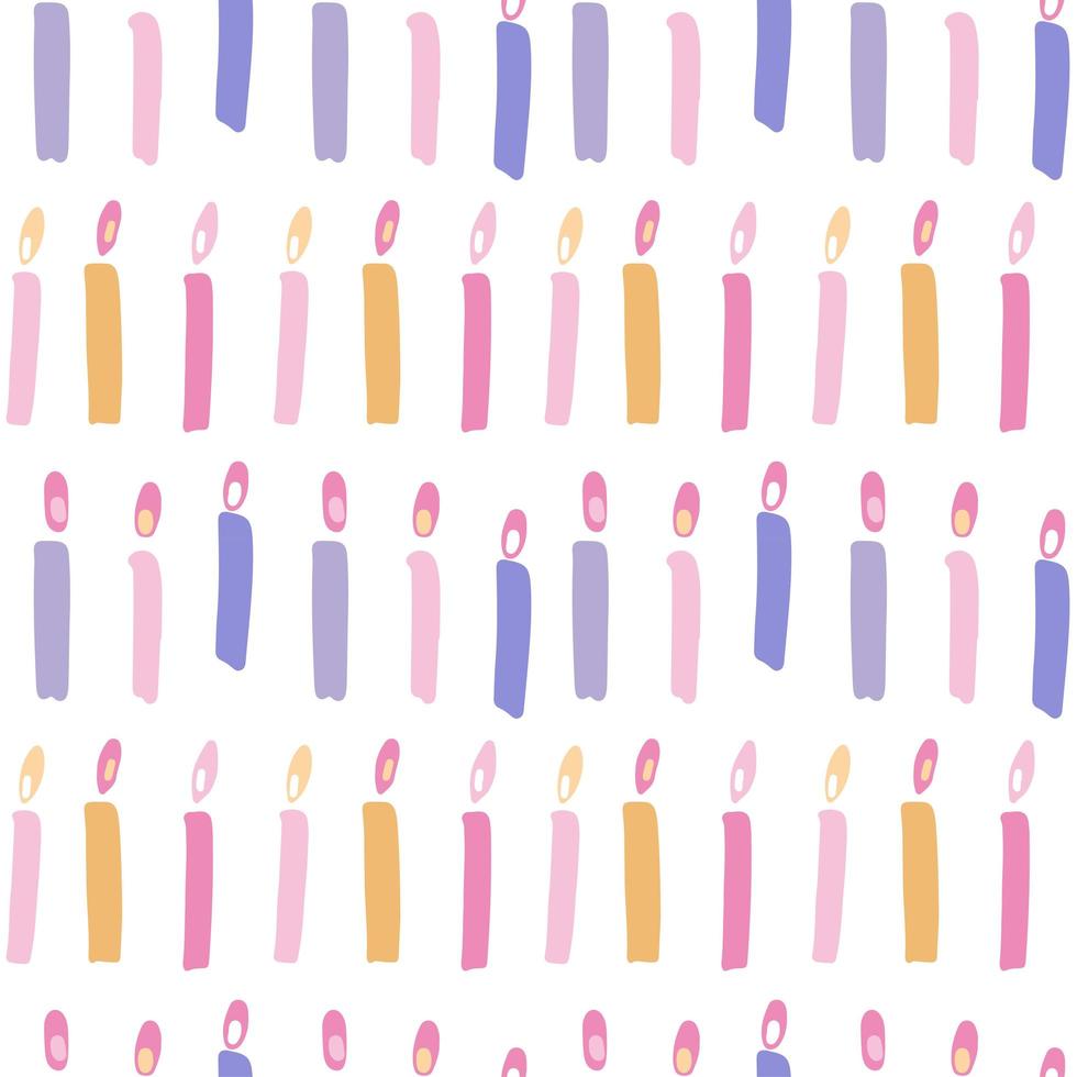 Birthday cake candles seamless pattern. Presents and gifts festive wrapping paper. Multicolor burning candles with stripes ornament. Celebration, greeting postcard backdrop. Flat hand drawn vector