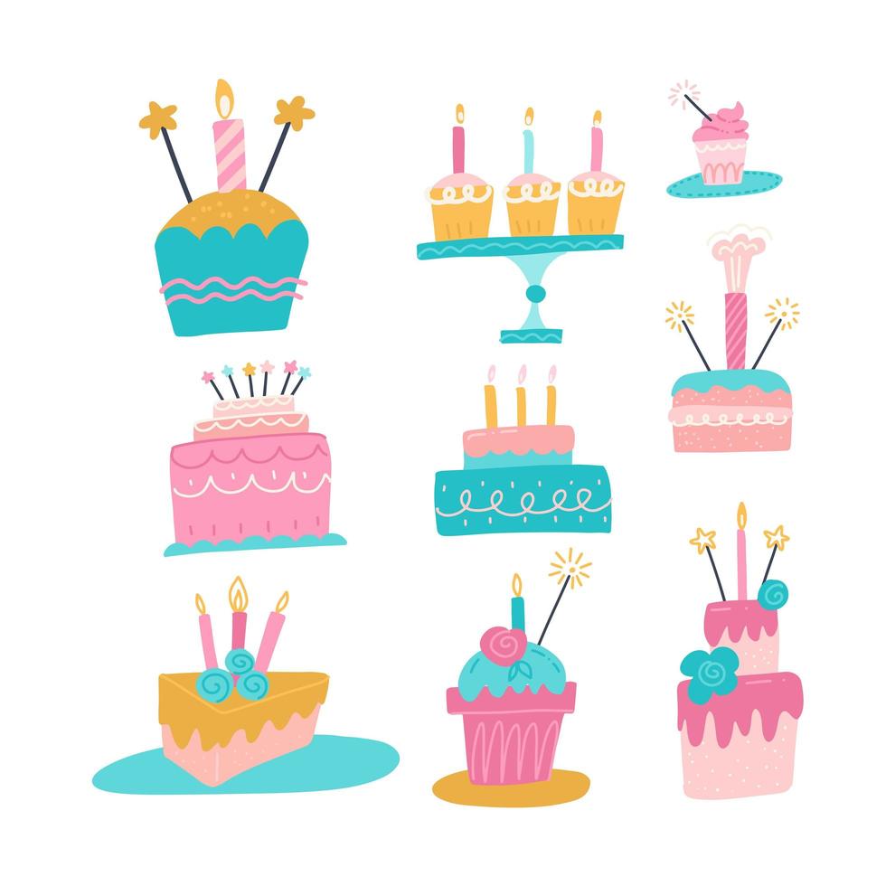 Collection of different cakes with candles. Set holiday icons. Happy birthday, party. Sweets, dessert, chocolate. Flat hand drawn vector illustration.