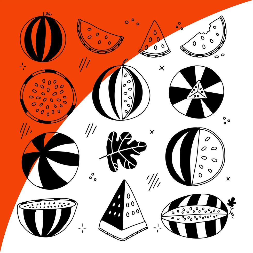 Watermelon half, slice, stripes set. Black line fruits illustration collection. Isolated Graphic vector sketch in hand drawn style. Fresh tropical elements on transparent background.