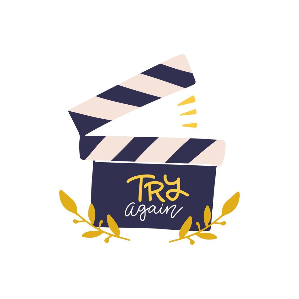 Movie clapper board isolated on white background. Open clapperboard with hand drawn inscription lettering Try again. Flat vector hand drawn illustration.
