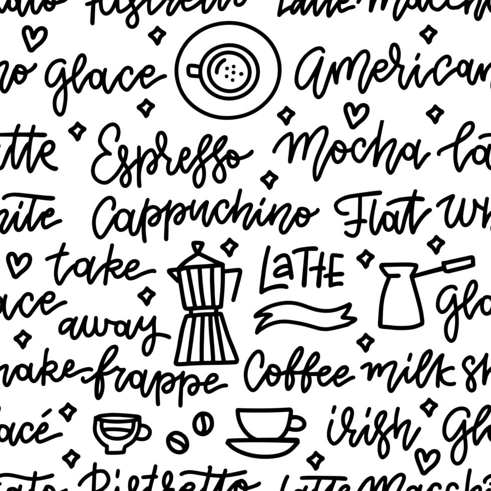 Seamless pattern with coffee beans, coffee pot and cups. Hand drawn vector doodle background. Black on white