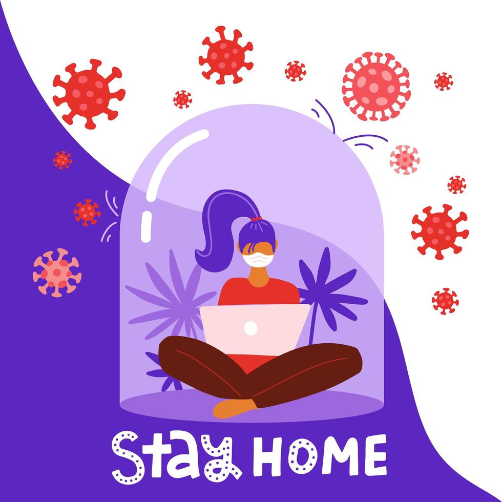 Coronavirus outbreak concept. A girl sits in a meditation pose with laptop under a glass cap. Covid-19 virus in air. Staying home with self quarantine. Protect from viruses. Vector flat illustration