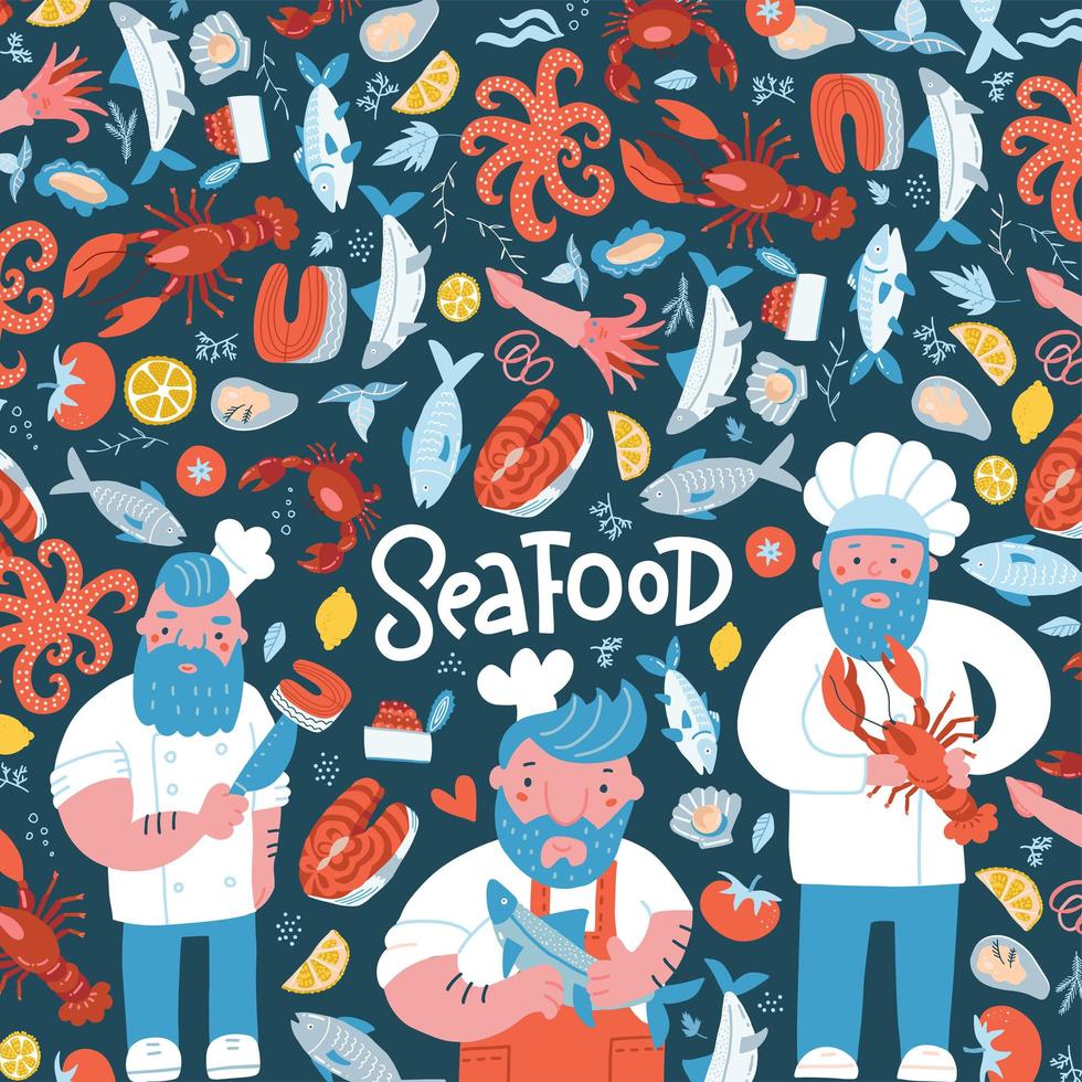Hand drawn Seafood Restaurant Illustration Banner Template Design for Menu, Advertise and Brochure. Fish, lobster, oyster and thee chief cooks characters. Flat hand drawn vector illustration.