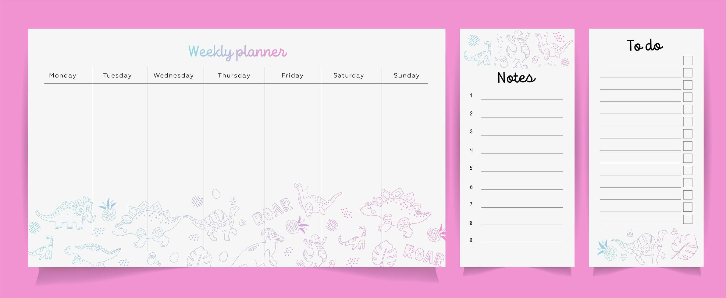 Hand drawing vector weekly planner. Hand painting templates. Set of planners and to do lists with cute dino outline gradient illustartions for agenda, planners, check lists, and other stationery.