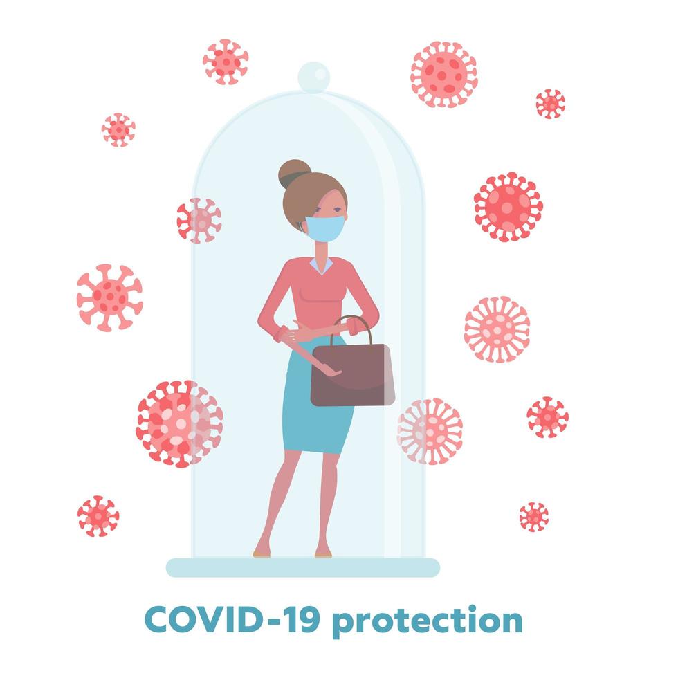 covid-19 concepto de cuarentena, restricción, exclusión o protección, los patógenos del coronavirus 2019-ncov se mueven y no pueden ingresar al área restringida en cuarentena con una mujer en un tubo protector. vector plano