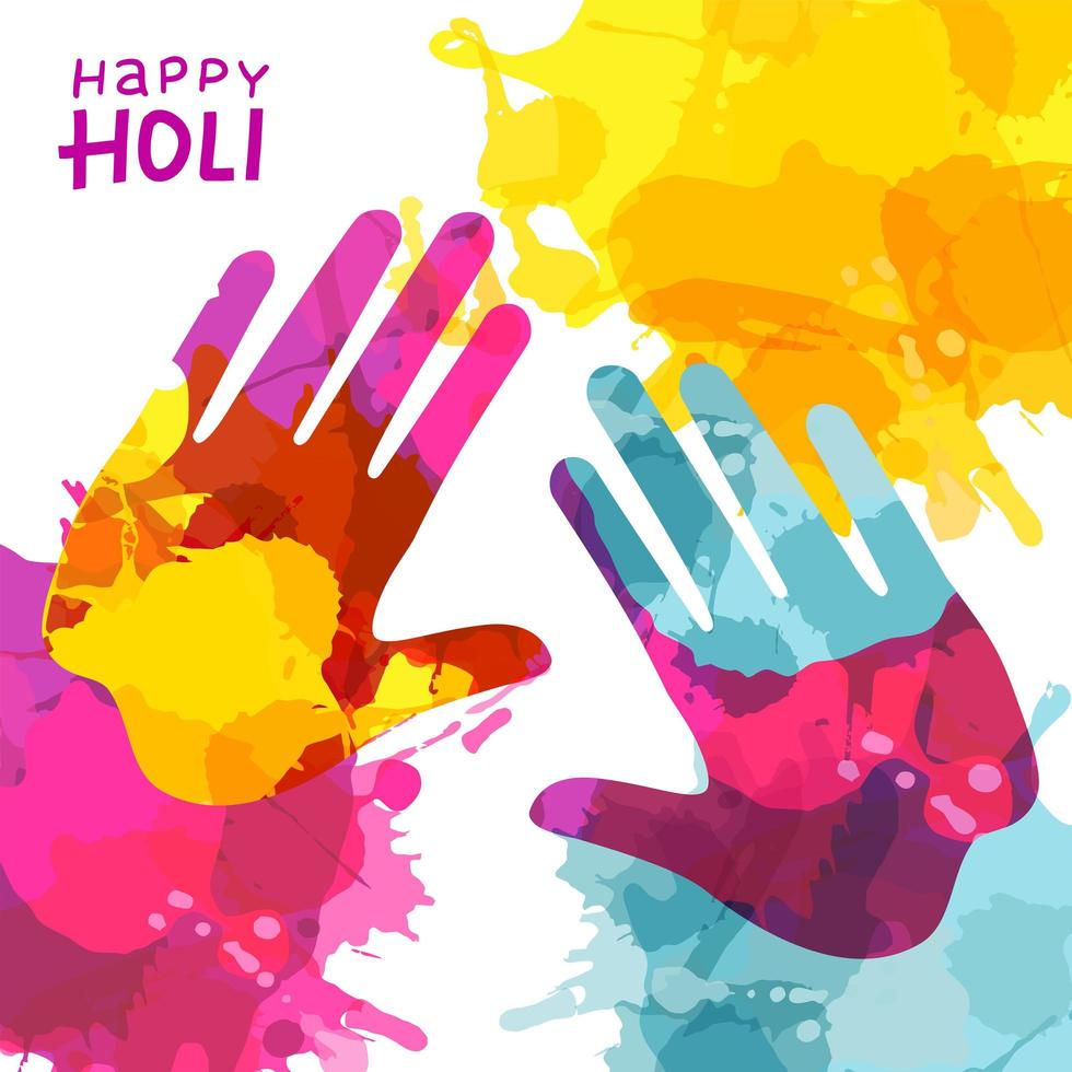 Holi Festival Background with Colorful Handprint and rainbow splashes. Vector Illustration with lettering for greeting cards and banners