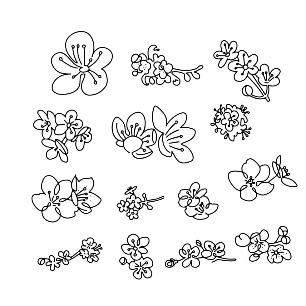 Set of cherry blossoms flower. Collection of flowers of sakura. Black and white drawing of big spring flowers. Linear Art. Tattoo hand drawn design. vector
