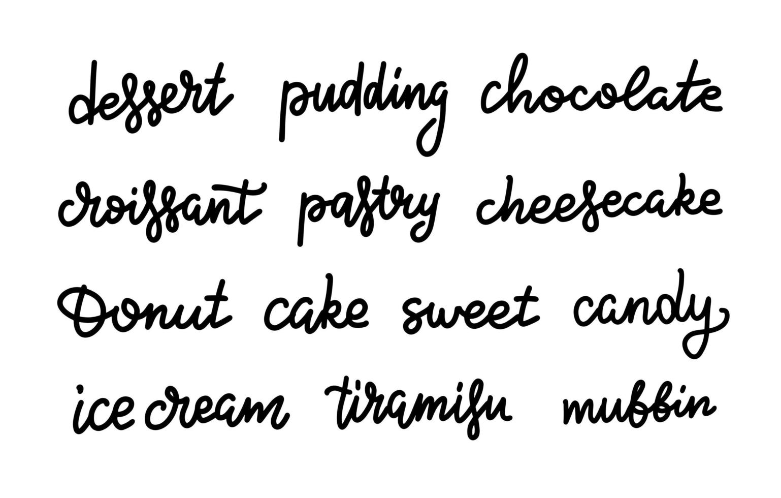 Calligraphic sweets names set. Trendy line lettering if ice cream, cream, chocolate and cheesecake. Menu, Birthday present. Valentines day. vector