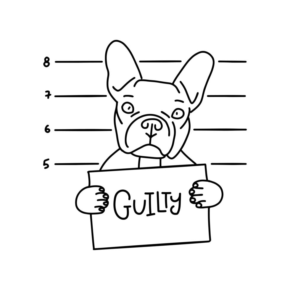 concepto culpable. bulldog chico malo. perro con cartel en las patas en prisión. fondo de ficha policial. bulldog criminal perro arrestado. ilustración vectorial lineal. vector