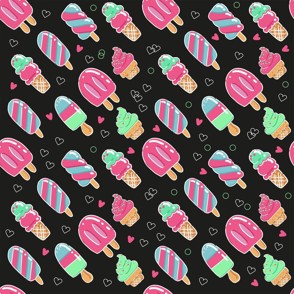 Cute summer hand drawn Seamless pattern with ice cream with popsicles on a black background with hearts. It can be used for packaging, wrapping paper, textile and etc. vector