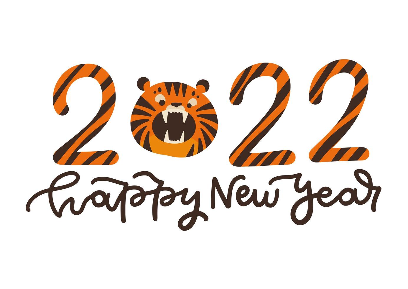 Happy Chinese New Year concept. 2022 festive design with graphic tiger face and year digits on white background. Vector flat lettering illustration.