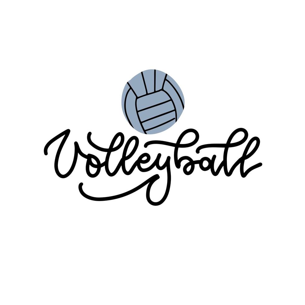 Volleyball black linear lettering on white background with volley ball. Volleyball calligraphy. Sport, fitness, activity vector design. Print for logo, T-shirt, flag, banner, postcards.