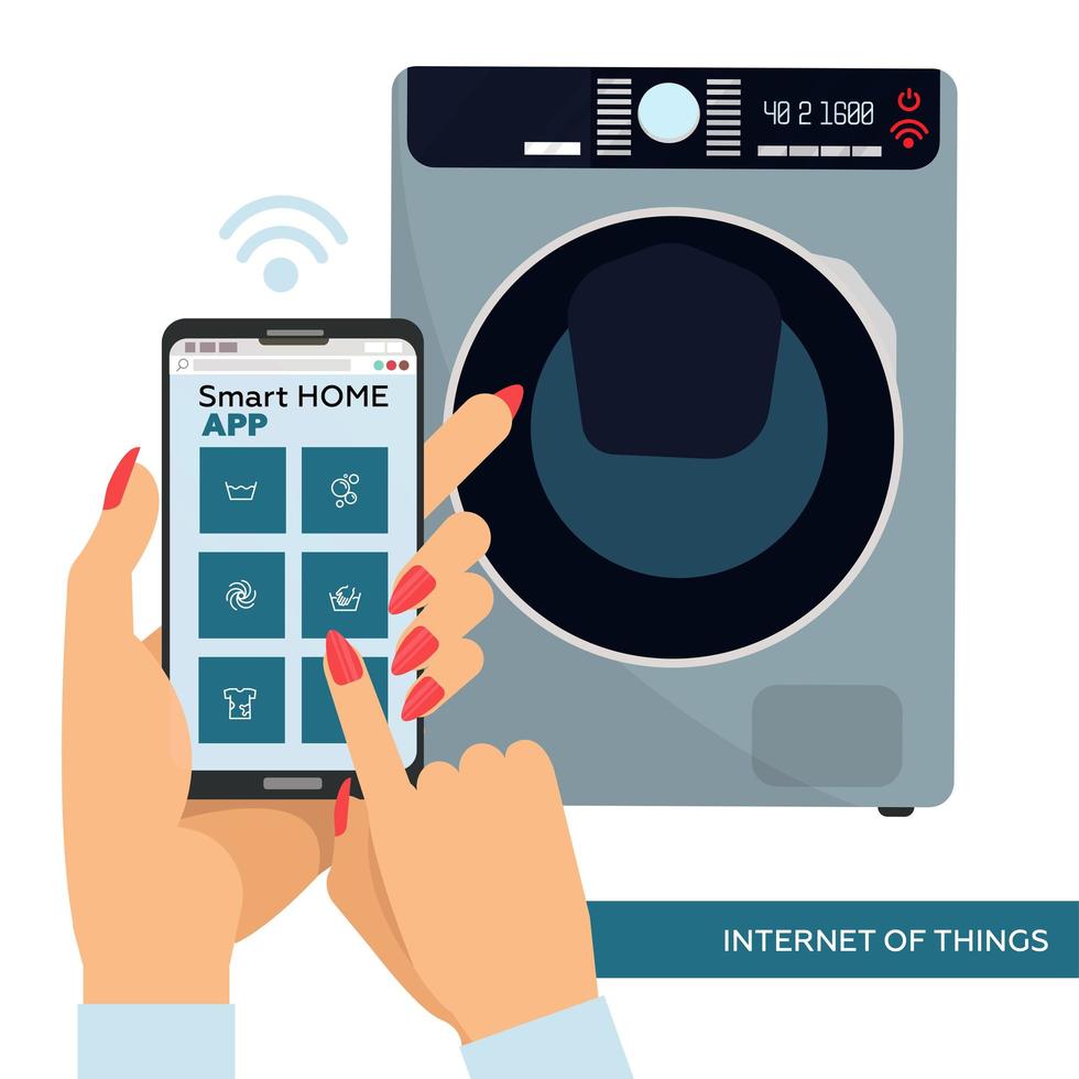 lavadora inteligente con mando a distancia. concepto de lavandería doméstica inteligente. manos de mujer con teléfono celular, pantalla táctil con el dedo y elección del tipo de ilustración plana vectorial de lavado para web y anuncio. vector