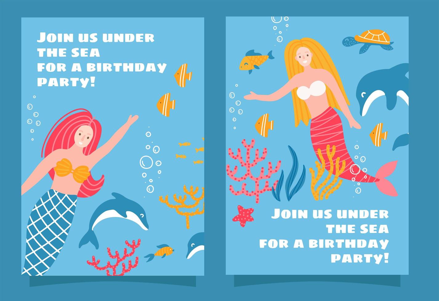 Set of Mermaid Sea Theme Party Invitation Design For Girls and Teen. Cute female characters with underwater world. Hand drawn isolated flat vector illustration.