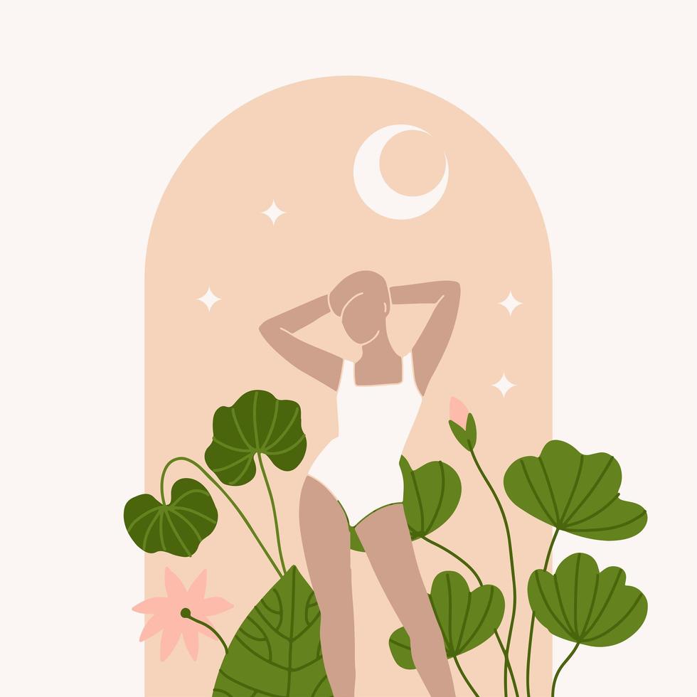 mujer con hojas de loto y arte floral. dibujo de arte dibujado a mano en tono tierra boho con formas abstractas de eclipse de luna y arco de estrellas ander. diseño de arte abstracto de plantas. arte de pared vectorial moderno mínimo. vector