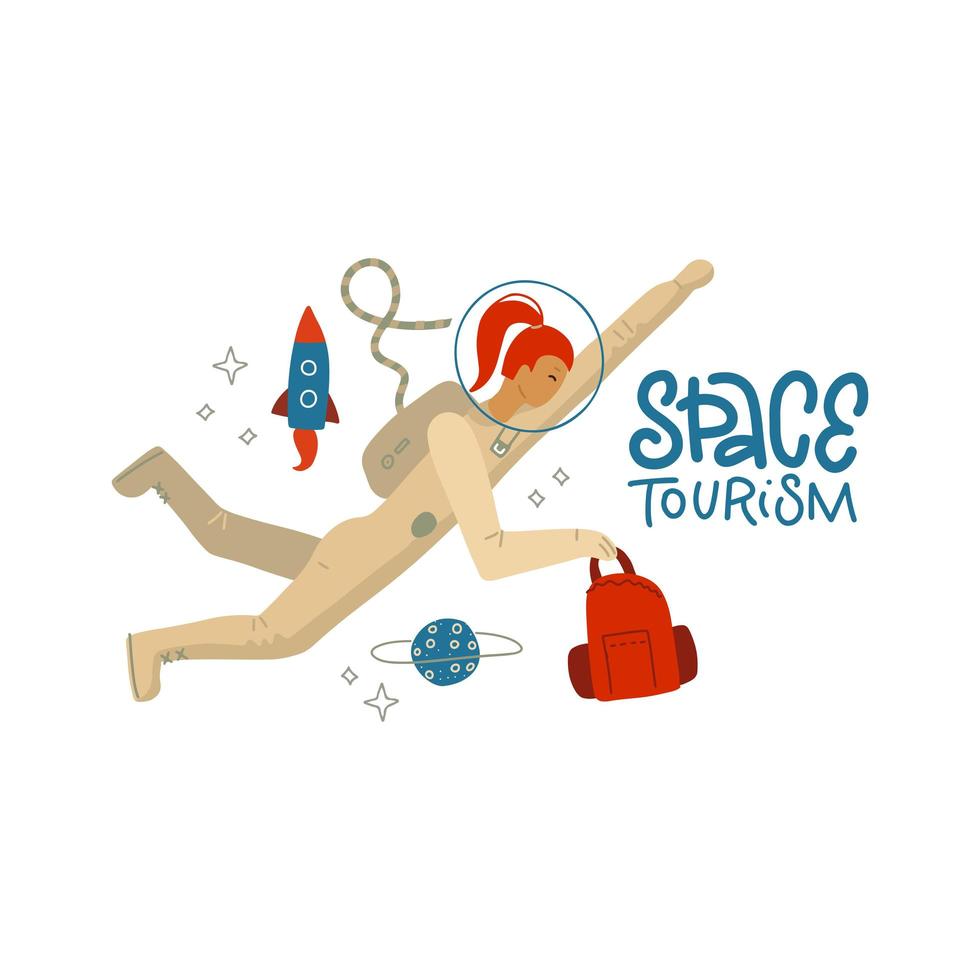 Space tourism concept - a young female astronaut in a spacesuit traveling with luggage in outer space. Lettering text - Space tourism. . Vector flat hand drawn illustartion.