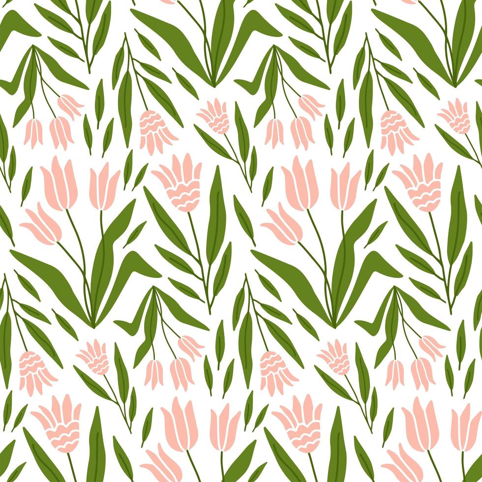 Hand drawn tulip floral seamless pattern . Early spring and summer pink tulip flowers. Flat hand drawn flat illustration vector