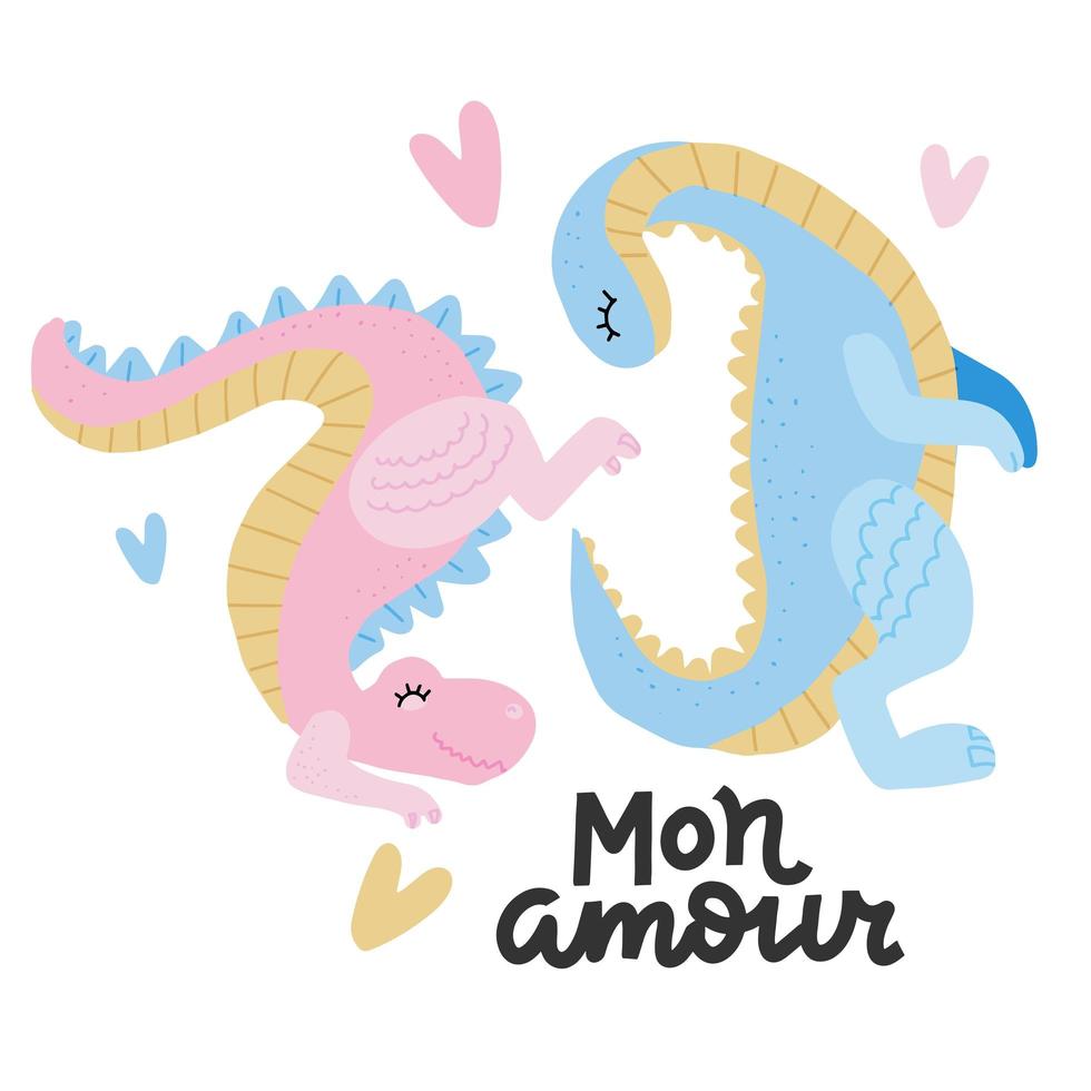 Lovely playng two dinosaurs with heart joying to each other. Childish hand drawn dino in love for greeting card, invitation, poster. Romantic hunny copcept vector