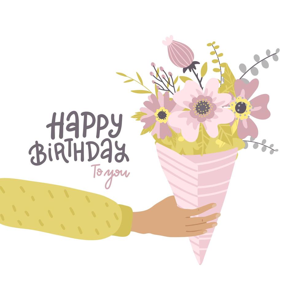 Male hand holding bouquet of flowers. happy birthday greeting card with lettering text. Flat vector illustration.