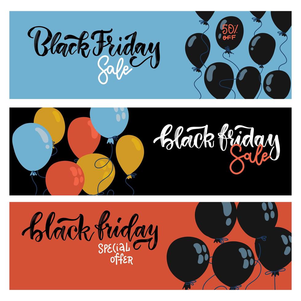 Black Friday Sale Horisontal Web Banners set. Flying flat Balloons on Blue, Black and Red Backgroun. Shopping Day sale offer, banner template. Autumn Shop poster design. Vector hand drawn lettering.