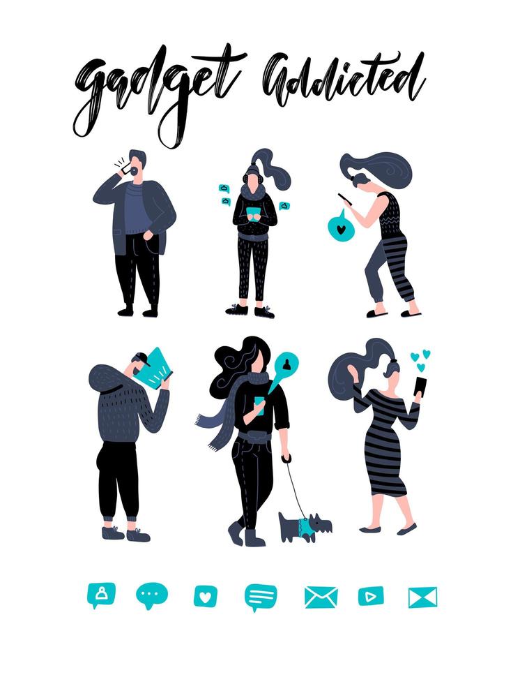 Men and women walking and holding mobile phones - smartphone addiction concept - people chatting, texting, reading newsfeed on social media. Vector illustration in flat hand drawn style