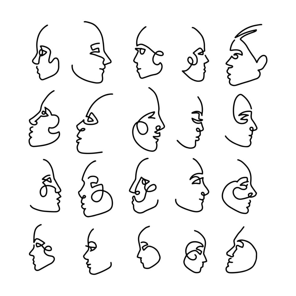 Continuous line head prifile drawing collection . Set of faces silhouettes. Abstract portrait. Girls One line illustration. Fashion concept, woman beauty minimalist. Trendy vector hand drawn style.