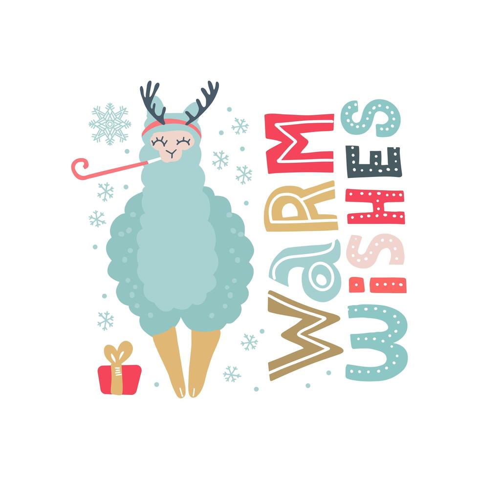 ilustración vectorial dibujada a mano de una linda y graciosa llama en cuernos de ciervo, con copos de nieve, mensajes de texto con cálidos deseos. objetos aislados en blanco. diseño plano de estilo escandinavo. concepto para tarjeta de navidad, invitación. vector