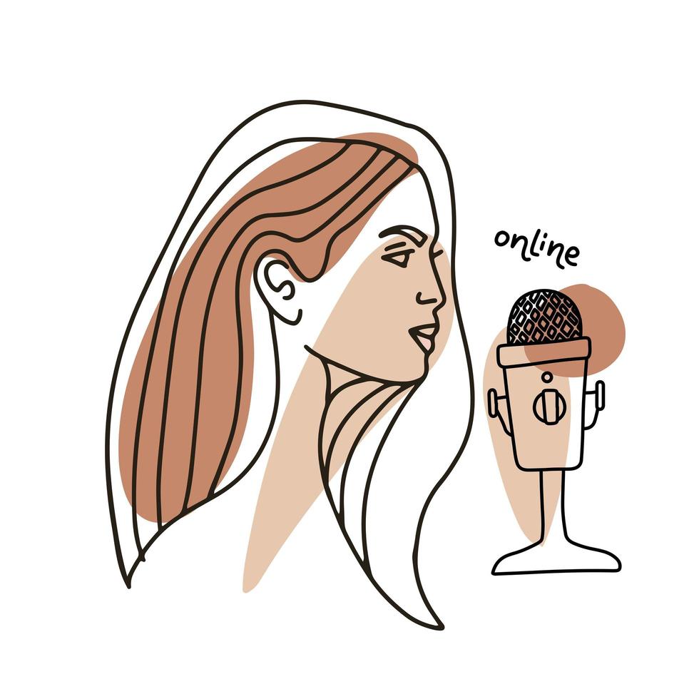 The woman host broadcasts the online podcast into the microphone. Female face in profile speaking in mic. Recording studio concept. Flat linear vector illustration.