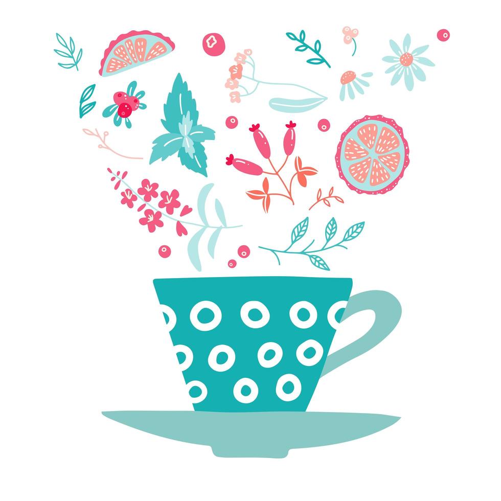 Cup with herbal ingredients - chamomile, lemon, mint, cranberries and barberries, cloudberries, fireweed, linden. Hand drawn doodle color herb illustration. vector