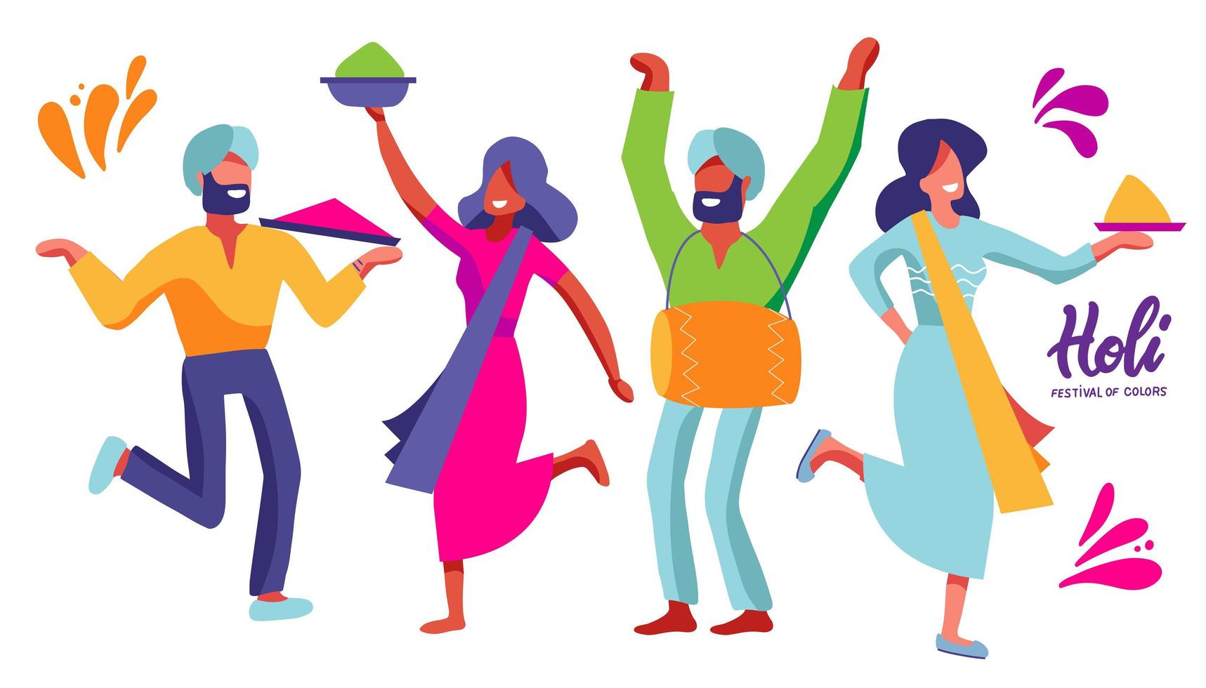 conjunto de bailarines indios del festival de colores. personajes de mujeres y hombres de carnaval. elemento de diseño para la fiesta holi. ilustración plana vectorial. vector