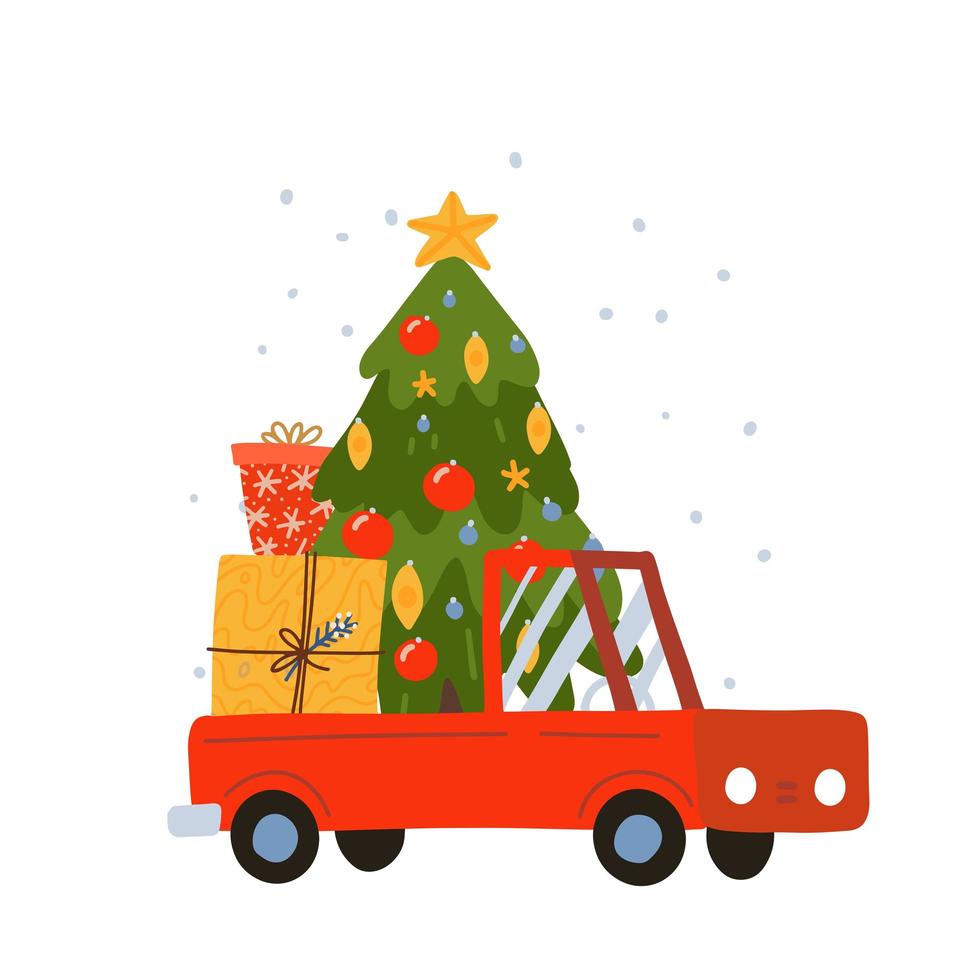 Bright red Christmas delivery truck with decorated xmas tree and gift boxes. New Year gifts and delivery services isolated on white background. Fun modern flat vector illustration.