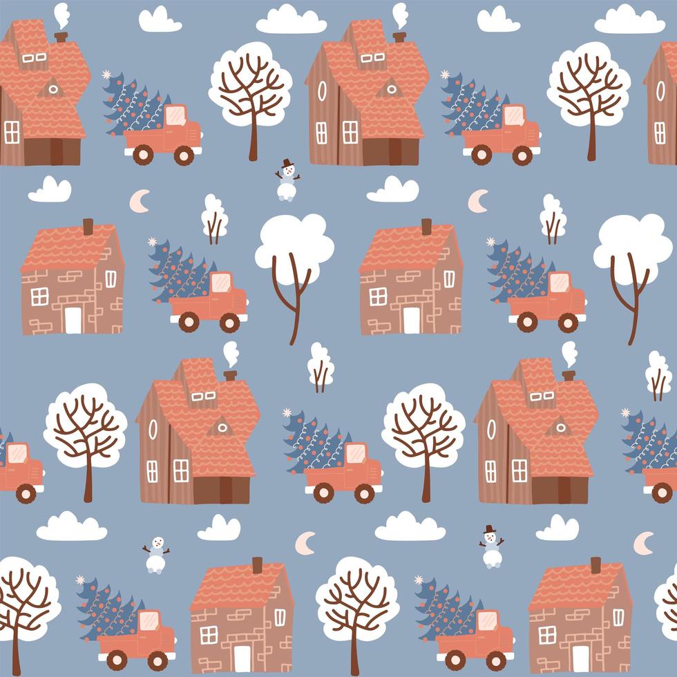 Seamless pattern with Winter houses for Christmas and Red retro pickup with a fir tree. Christmas fabrics and decor. Flat vector hand drawn illustration.