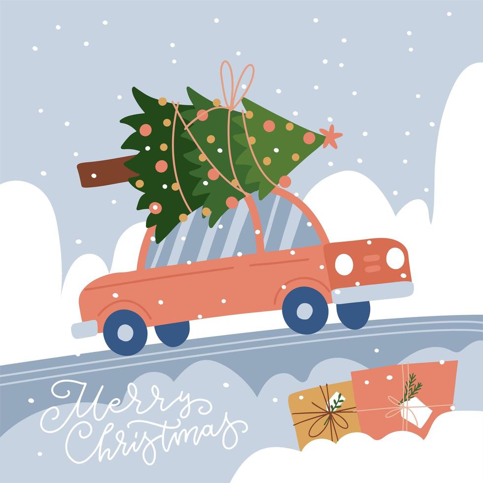 Red car with Christmas tree on tre roof on the snowy landscape background. Side view festive vehicle. Xmas greeting card with lettering. Vector flat hand drawn illustration.