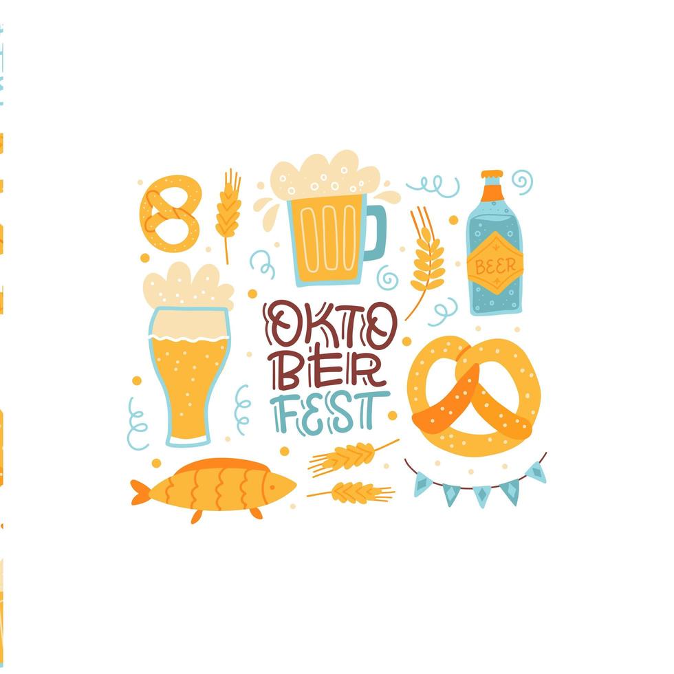 Lettering cisolated composition for Oktoberfest Bavarian festival. Banner with hand drawn word and glasses of beer, pretzels, fish and flags vector